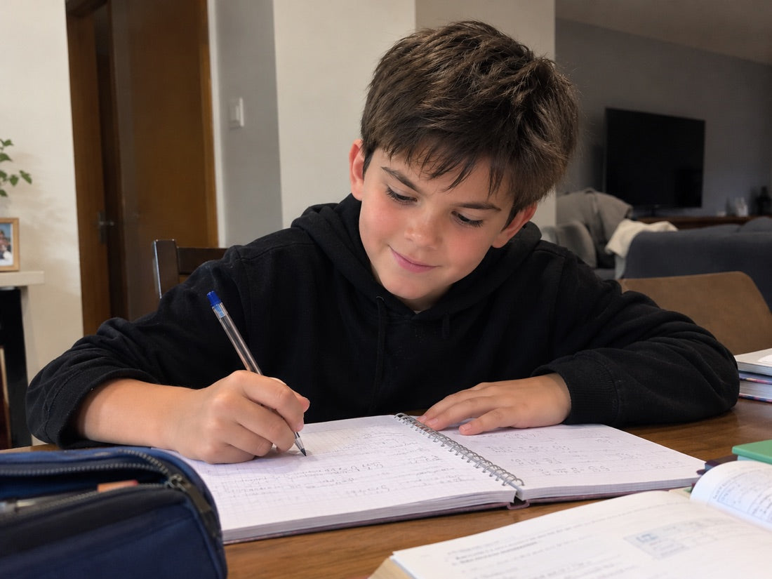 Después: chico haciendo la tarea tranquilo y sonriente