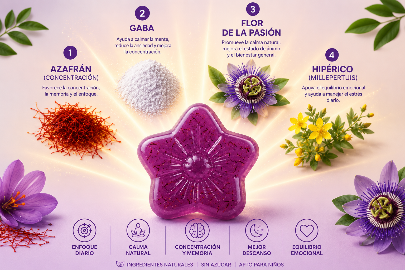 Ingredientes de Valma Nüva: azafrán, GABA, flor de la pasión e hipérico