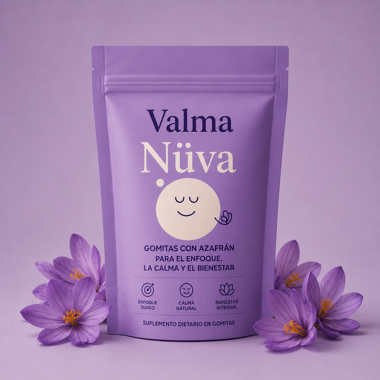 Envase de Valma Nüva con flores de azafrán