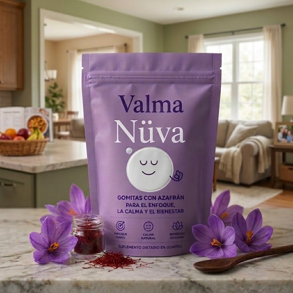 Envase de Valma Nüva en la cocina, con azafrán